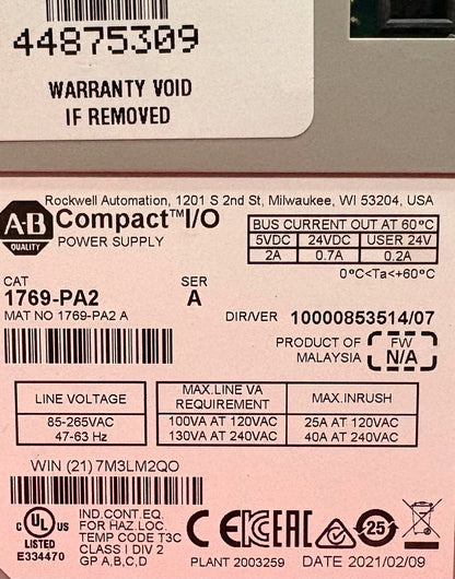 ALLEN BRADLEY 1769-ECL SERA,1769-PA2 SERA ,1769-OB16 SERB,QTY 2 - 1769-IQ16 SERA