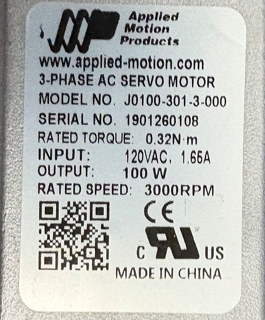 APPLIED MOTION J0100-301-3-000 3-PHASE AC SERVO MOTOR 3000 RPM