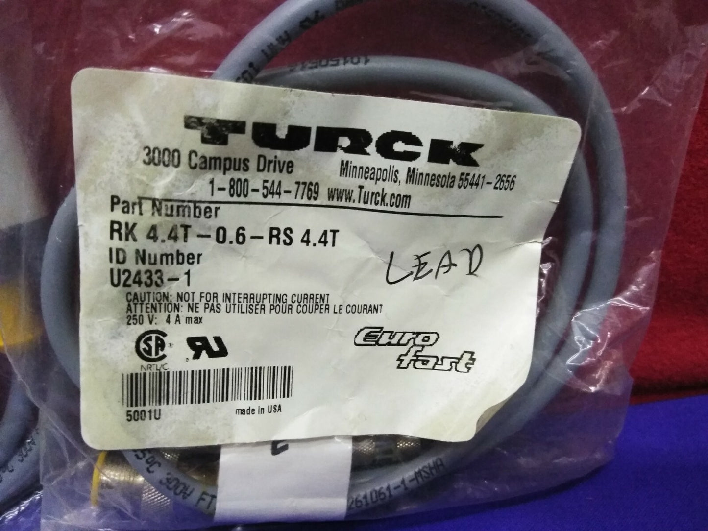 1 LOTTO DI QTY 2 - TURCK RK RK 4.4T-0.6-RS 4.4T / U2433-1 CORDSET STAMPATO 