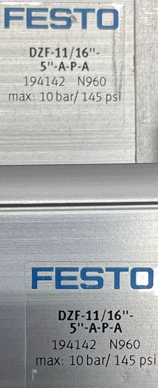 FESTO FLAT CYLINDER DZF-11/16”-5”-A-P-A - 1  LOT QTY OF 4
