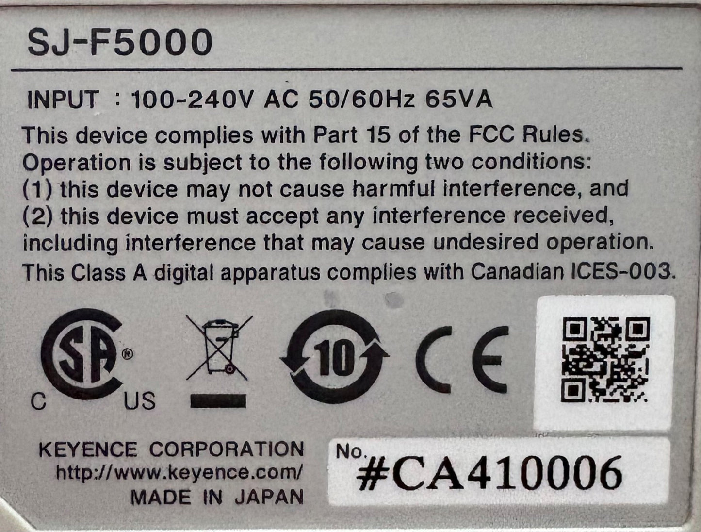 KEYENCE SJ-F5000 STATIC ELIMINATION BLOWER PULSE AC METHOD POWER: 100 to 240 VAC