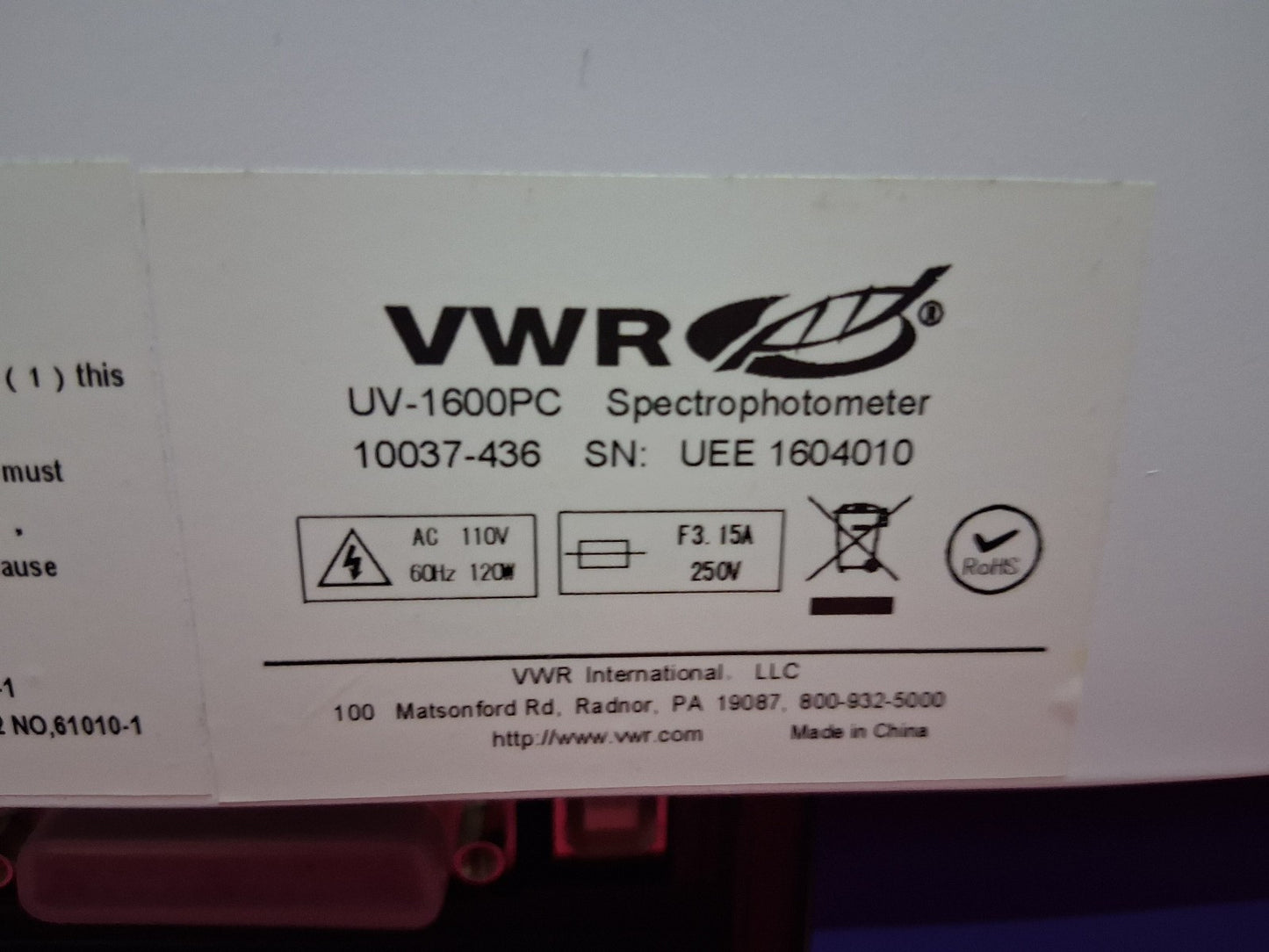 VWR UV-1600PC SPECTROPHOTOMETER 110 V AC 120 W 60 HZ 15A TESTED WORKS