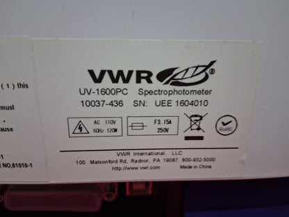 VWR UV-1600PC SPECTROPHOTOMETER 110 V AC 120 W 60 HZ 15A TESTED WORKS