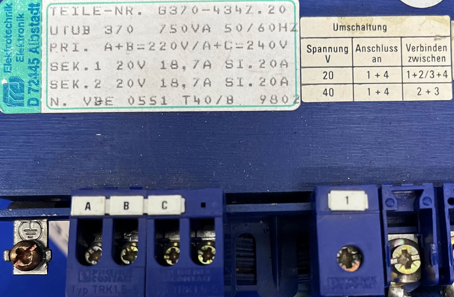 ELEKTROTECHNIK TEILE-Nr G370-434Z.20 POWER SUPPLY TRANSFORMER 750VA