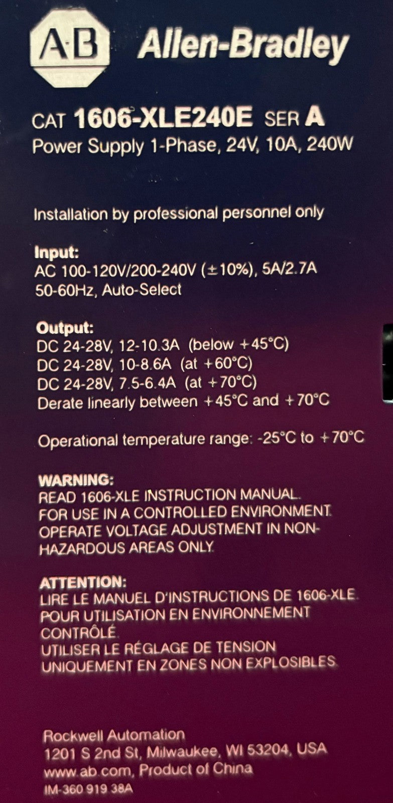 Allen Bradley AB POWER SUPPLY 16006-XLE / 1606-XLE240E SER. A