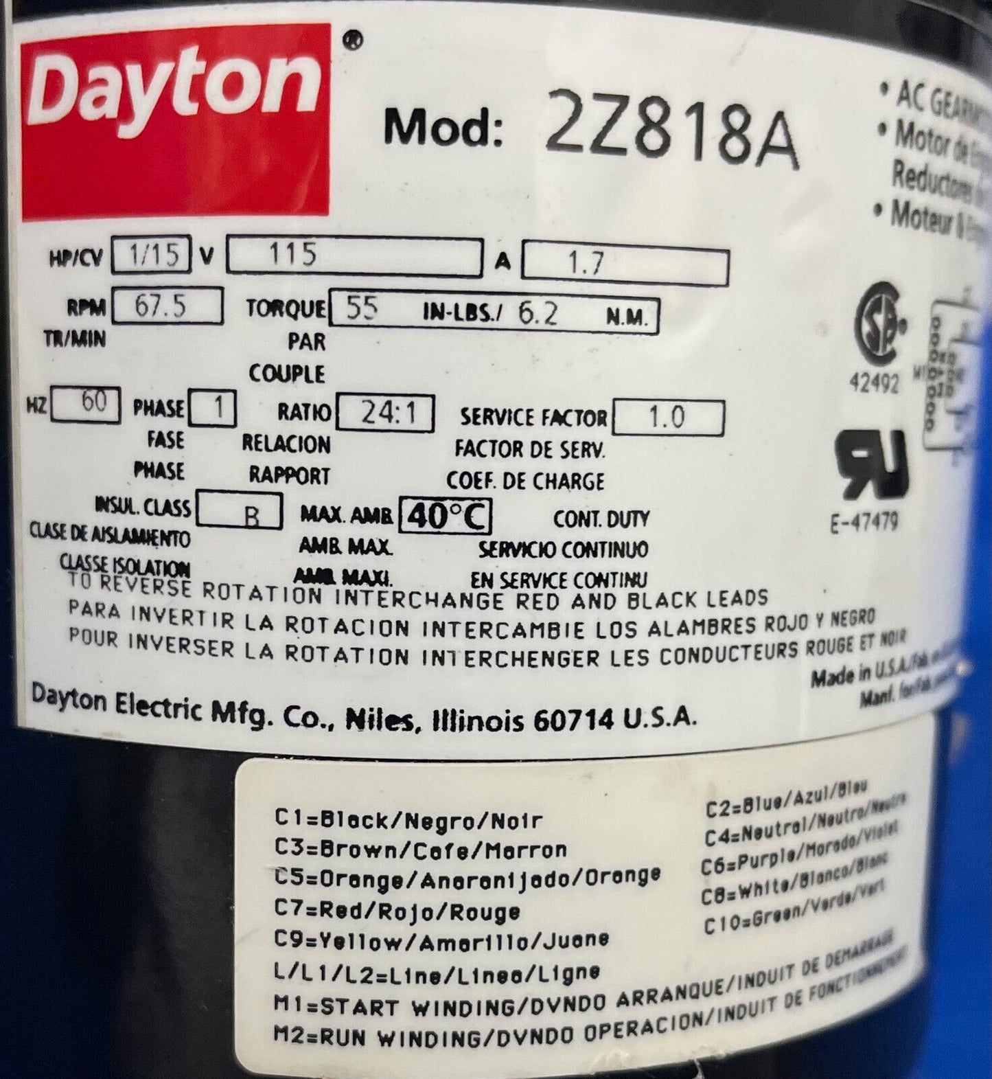 DAYTON AC GEARMOTOR 2Z818A 67.5 RPM HP-CV 1/15 115V 7-65-0019 TYPE 65B1 PHASE 1