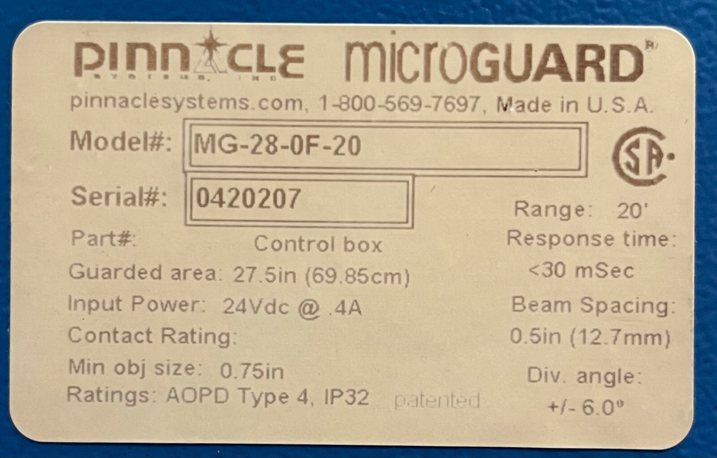 PINNACLE SAFETY LIGHT CURTAIN CONTROL BOX MG-28-0F-20 EMITTER & RECEIVER - PARTS