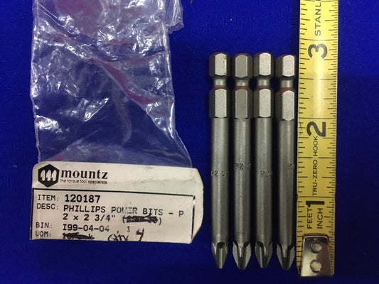 SOLD AS LOT OF 4 BITS - MOUNTZ / PHILLIPS 120187 POWER BIT P2 X 2-3/4"
