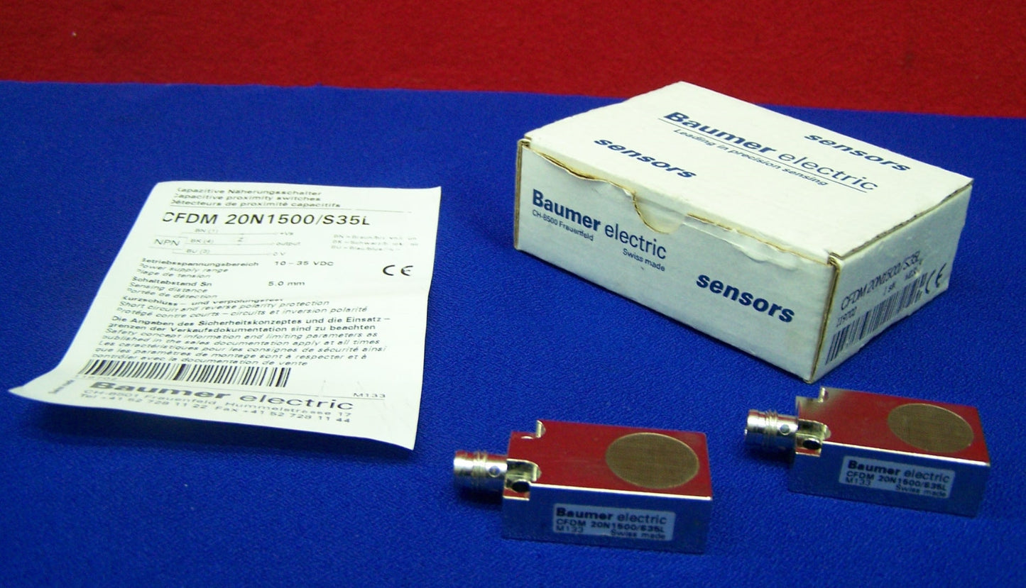 QTY 2 - BAUMER ELECTRIC CFDM 20N1500/S35L CAPACITIVE FLAT PACK 10119702 SENSOR