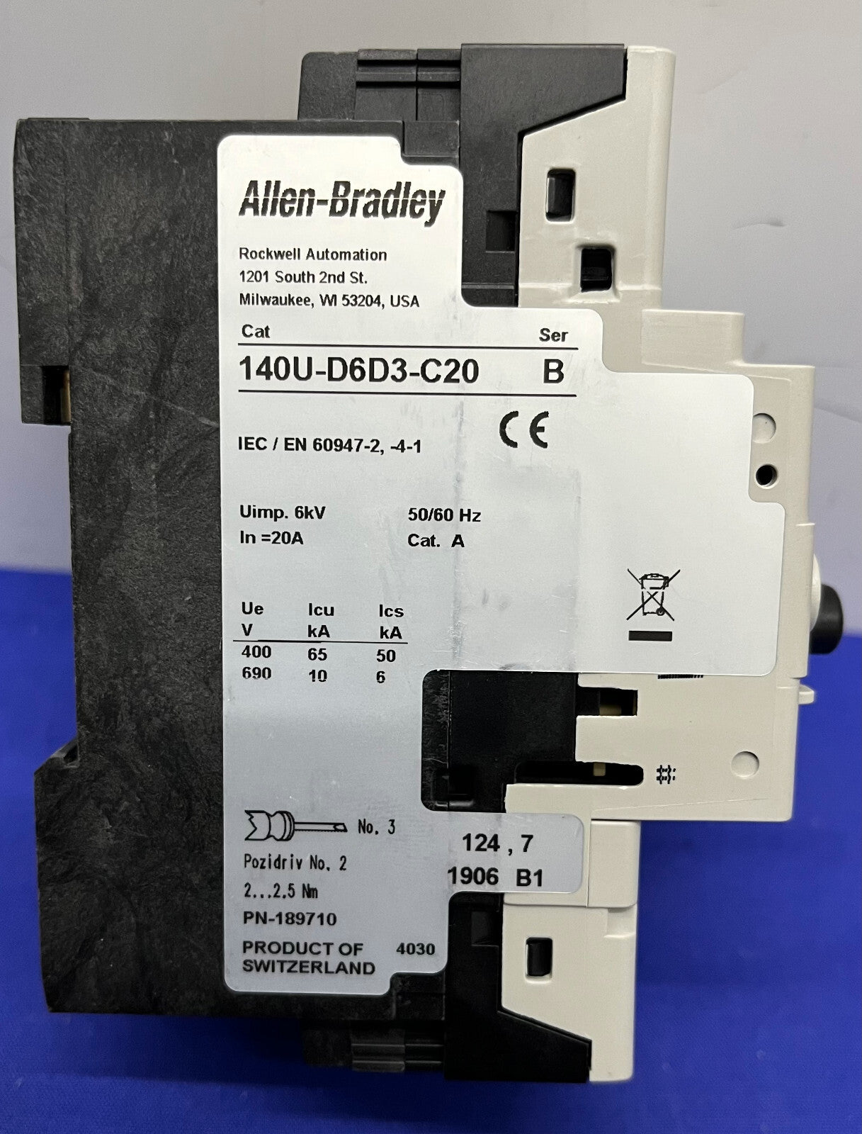 Allen Bradley AB 回路ブレーカー モーター プロテクター 140U-D6D3 / 140U-D6D3-C20 SER B
