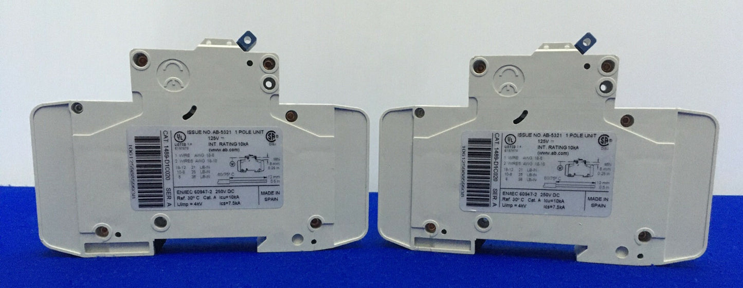 1 LOTTO QTY DI 2 Allen-Bradley AB 1489-D 1489-D1C020 SER A INTERRUTTORE AUTOMATICO 1 POLO