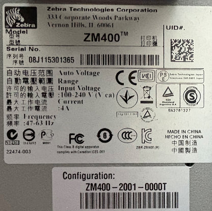 ZEBRA ZM400 THERMAL LABEL PRINTER ZM400-2001-0000T 10/100 P1032710-001 -  PARTS