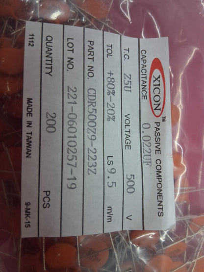 XICON  CDR500Z9-223Z  CAPACITANCE 0.022UF  T.C. Z5U  500V - 1 PKG QTY 200