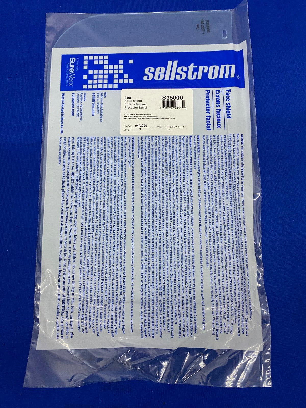 SELLSTROM ® S35000 CLEAR UNCOATED REPLACEMENT WINDOW FACE SHIELD - 1 LOT QTY 99