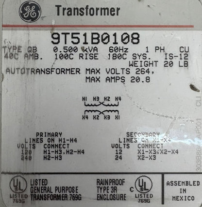 GE TRANSFORMER 9T51B0108 TYPE QB AUTOTRANSFORMER