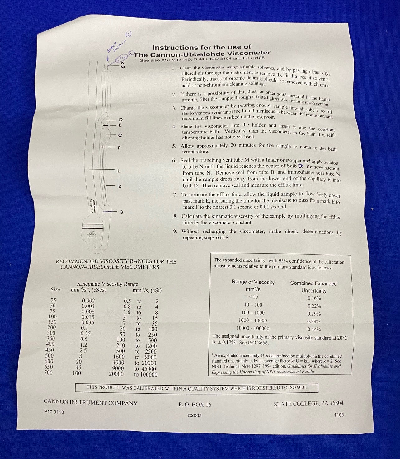 CANNON INSTRUMENT 9721-K50 SIZE 25 CANNON-UBBELOHDE CALIBRATED VISCOMETER
