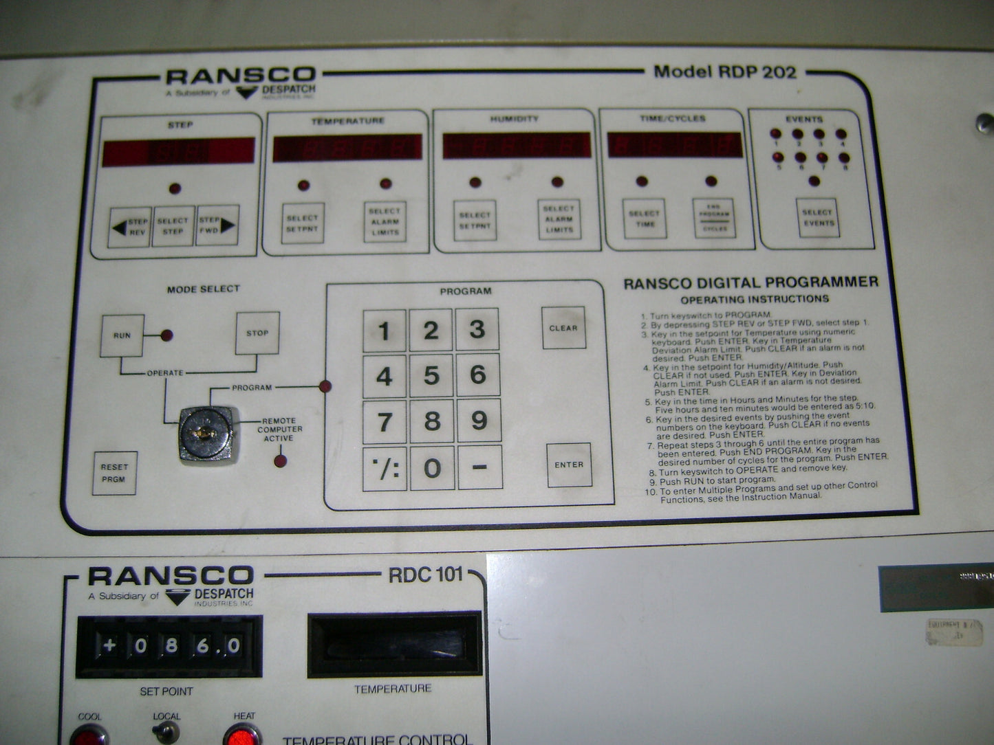 PANNELLO DI CONTROLLO RANSCO DESPATCH RDP 202 CON CONTROLLO DELLA TEMPERATURA RDC 101 