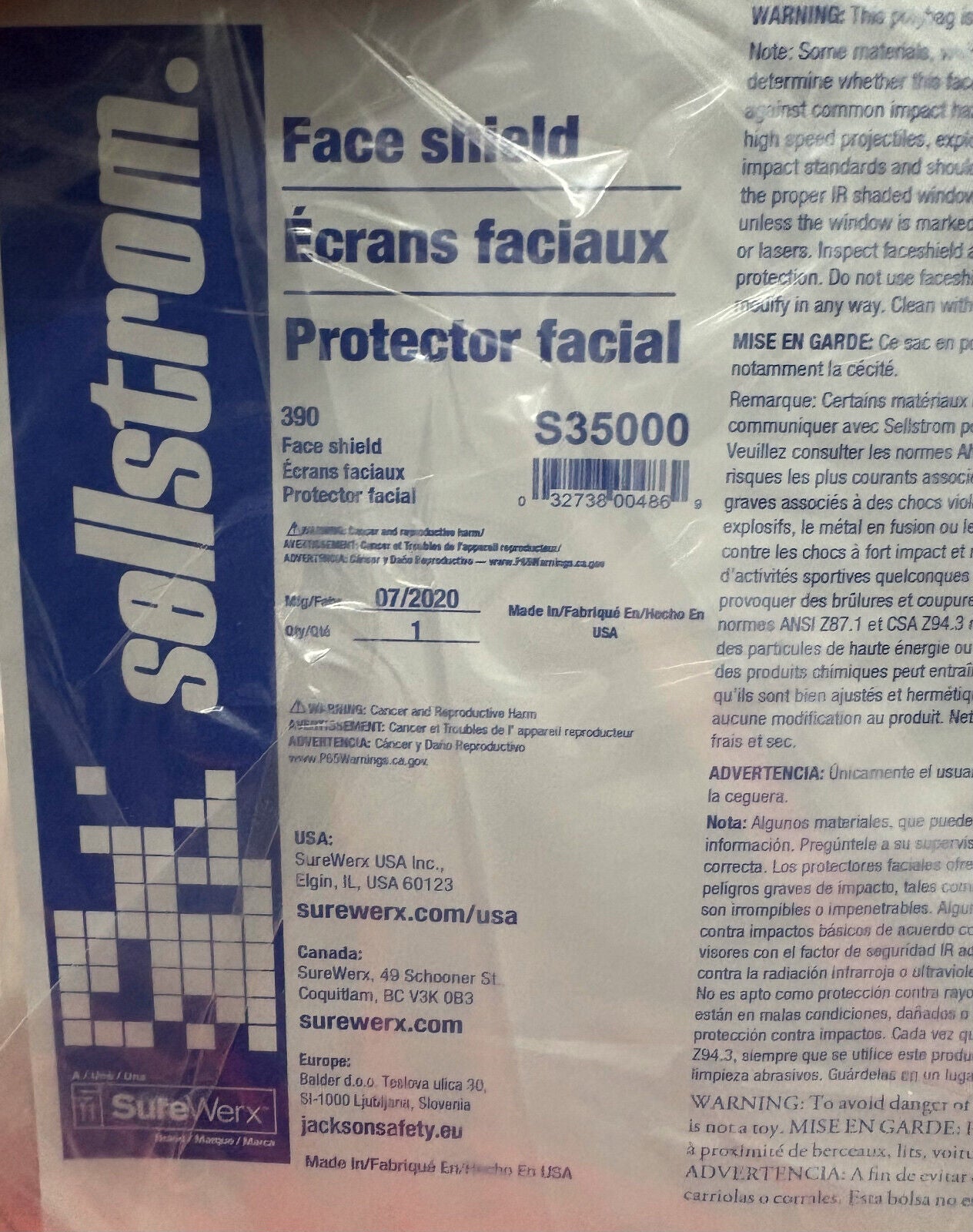 SELLSTROM 390 SERIES UNCOATED FACE SHIELD & HEADGEAR S39010   QTY 10