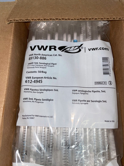 VWR 89130-886 5mL 血清ピペット - 1 箱/数量 2 袋/各 50 ピペット