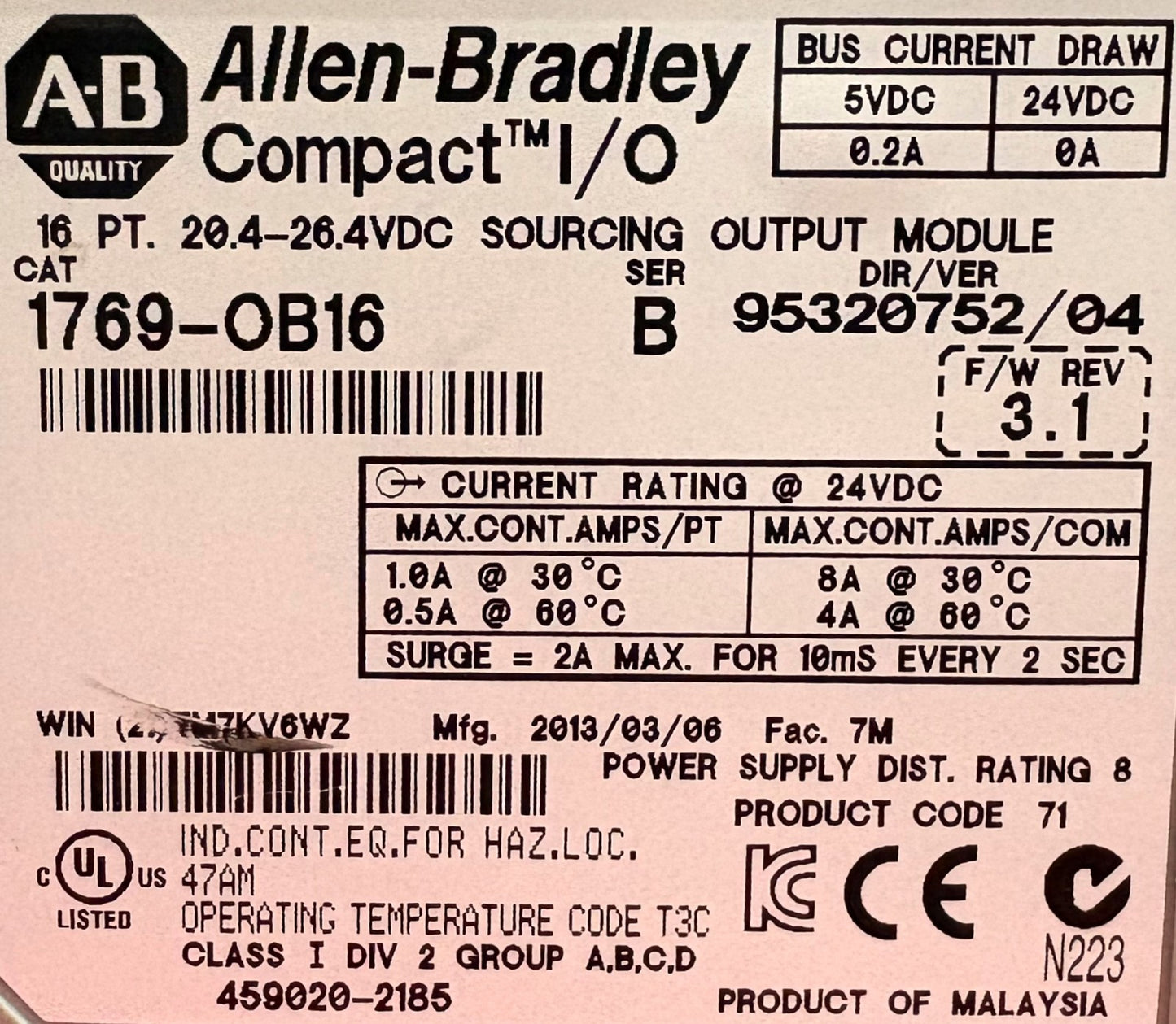 ALLEN BRADLEY 1769-ECL SERA,1769-PA2 SERA ,1769-OB16 SERB,QTY 2 - 1769-IQ16 SERA