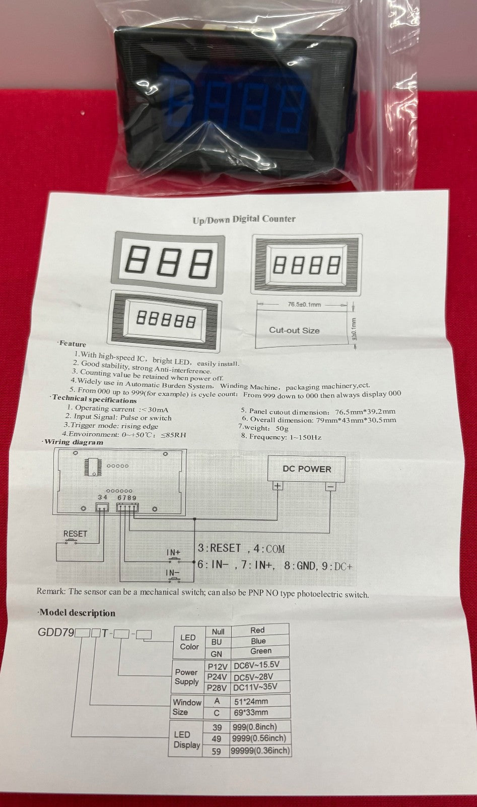 DIGITAL PANEL METER GDD7949AT-P28V-BU UP/DOWN COUNTER LCD BLUE 4 DIGIT W/ CABLE