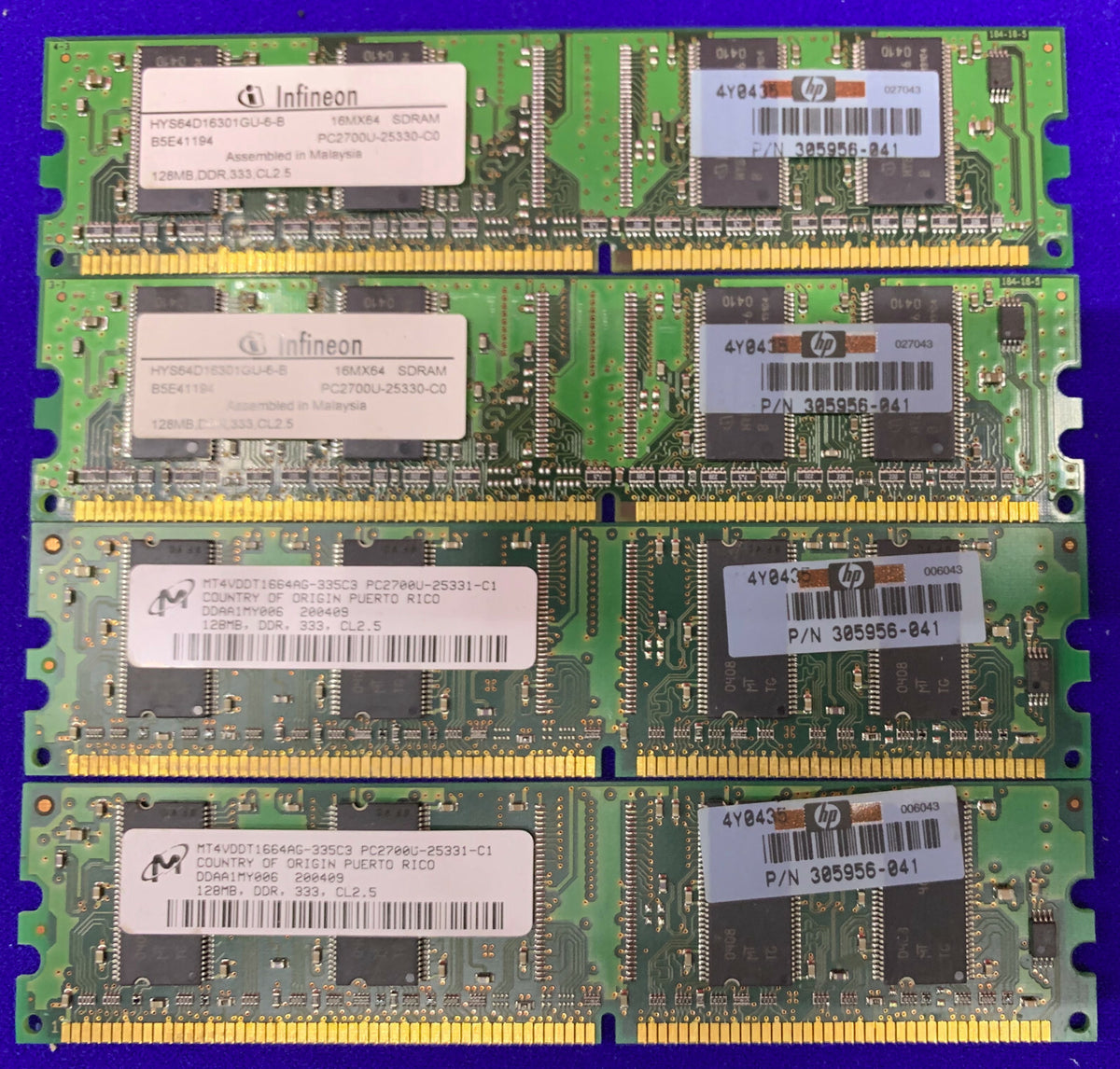 CANTIDAD 4 - MÓDULOS DE MEMORIA DIMM HP / HEWLETT PACKARD 305956-041 128 MB