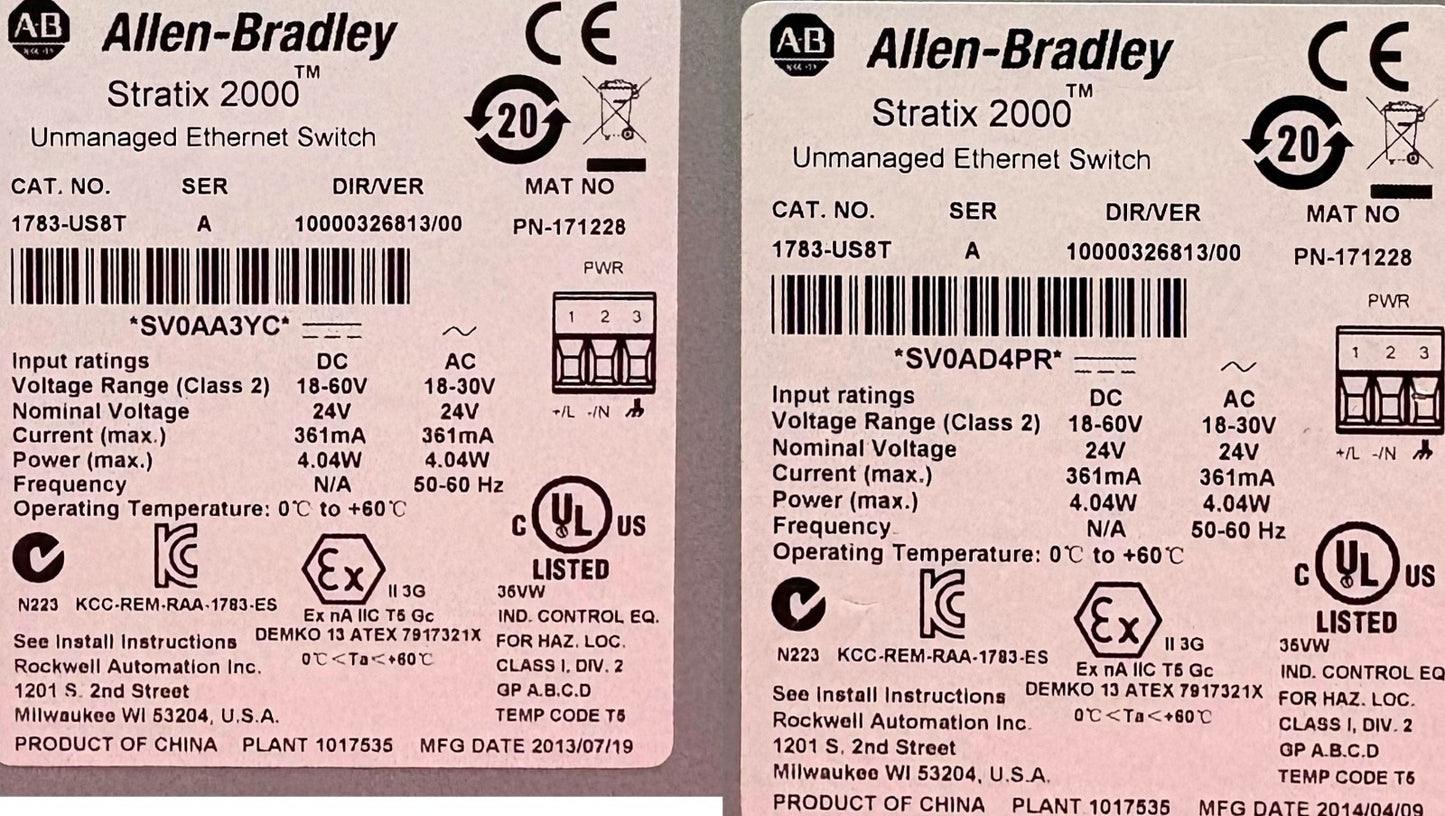 Allen Bradley AB 1783-US8T SER A STRATIX 2000™ UNMANAGED ETHERNET SWITCH - QTY 2