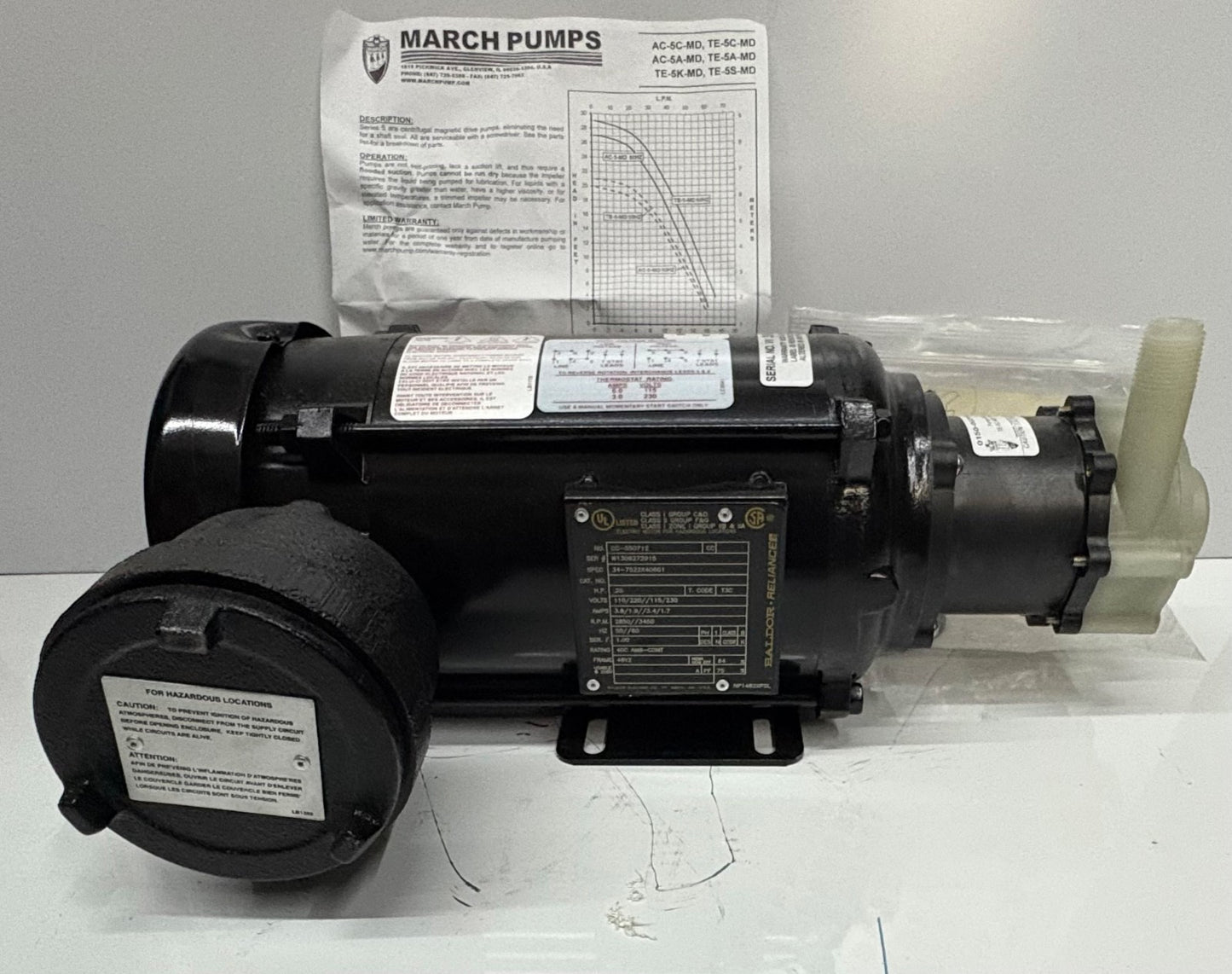 MARCH PUMPS TE-5C-MD 1 PH SN 391532 XP 0150-0026-0400 W/ BALDOR MOTOR CC-550712