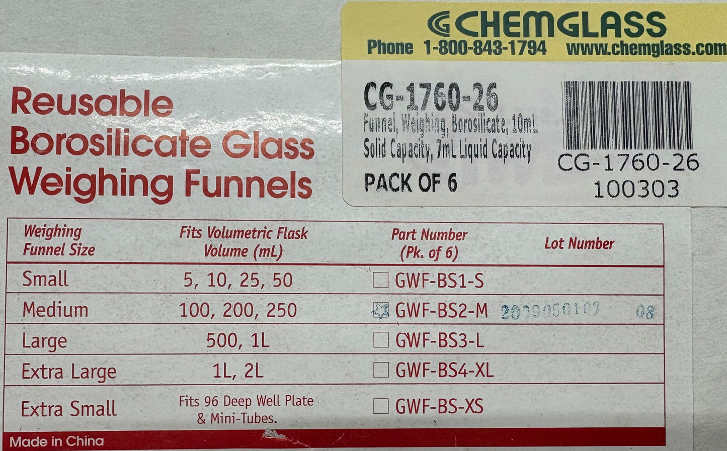 CHEMGLASS CG-1760-26 GLASS FUNNEL 10mL SOLID & 7mL LIQUID - 1 BOX OF QTY 6