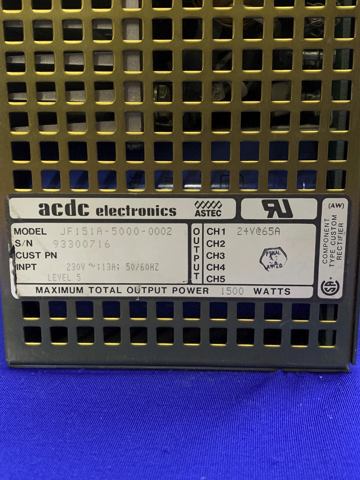 ACDC JF151A-5000-0002 POWER SUPPLY 230 V 13 A 50/60 HZ LEVEL 5 MAXIMUM TOTAL OUT