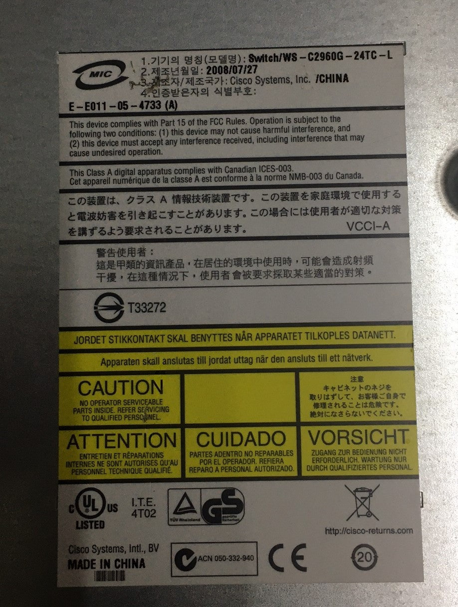 CISCO SYSTEMS CATALYST 2960G SERIES POWER CORD INCLUDED