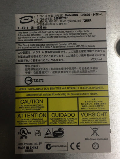 CISCO SYSTEMS CATALYST 2960G SERIES POWER CORD INCLUDED
