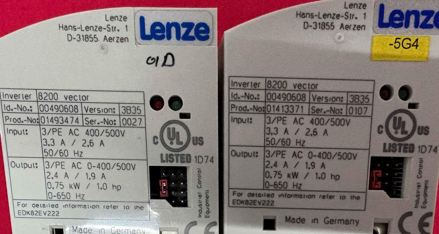 LENZE E82EV751_4C VECOR 8200 CONTROLLED FREQUENCY DRIVE INVERTER - 1 LOT QTY 2