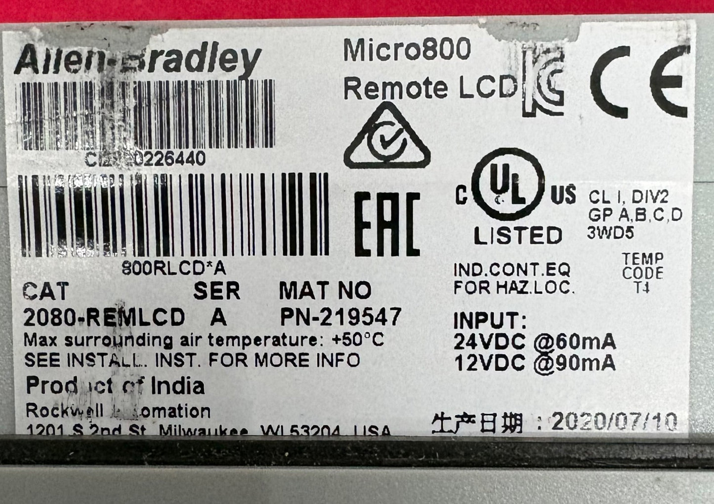Allen Bradley AB MICRO800 REMOTE LCD 2080-REMLCD SER. A PN 219547