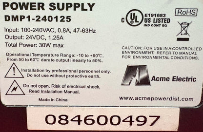 ACME ELECTRIC POWER SUPPLY DMP1-240125 100-240VAC 0.8A