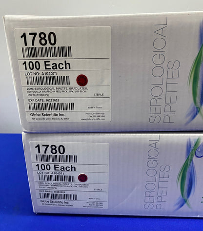 GLOBAL SCIENTIFIC  1780 25ml SEROLOGICAL PIPETTE - 2 PACKAGES OF 100 PIPETTES EA