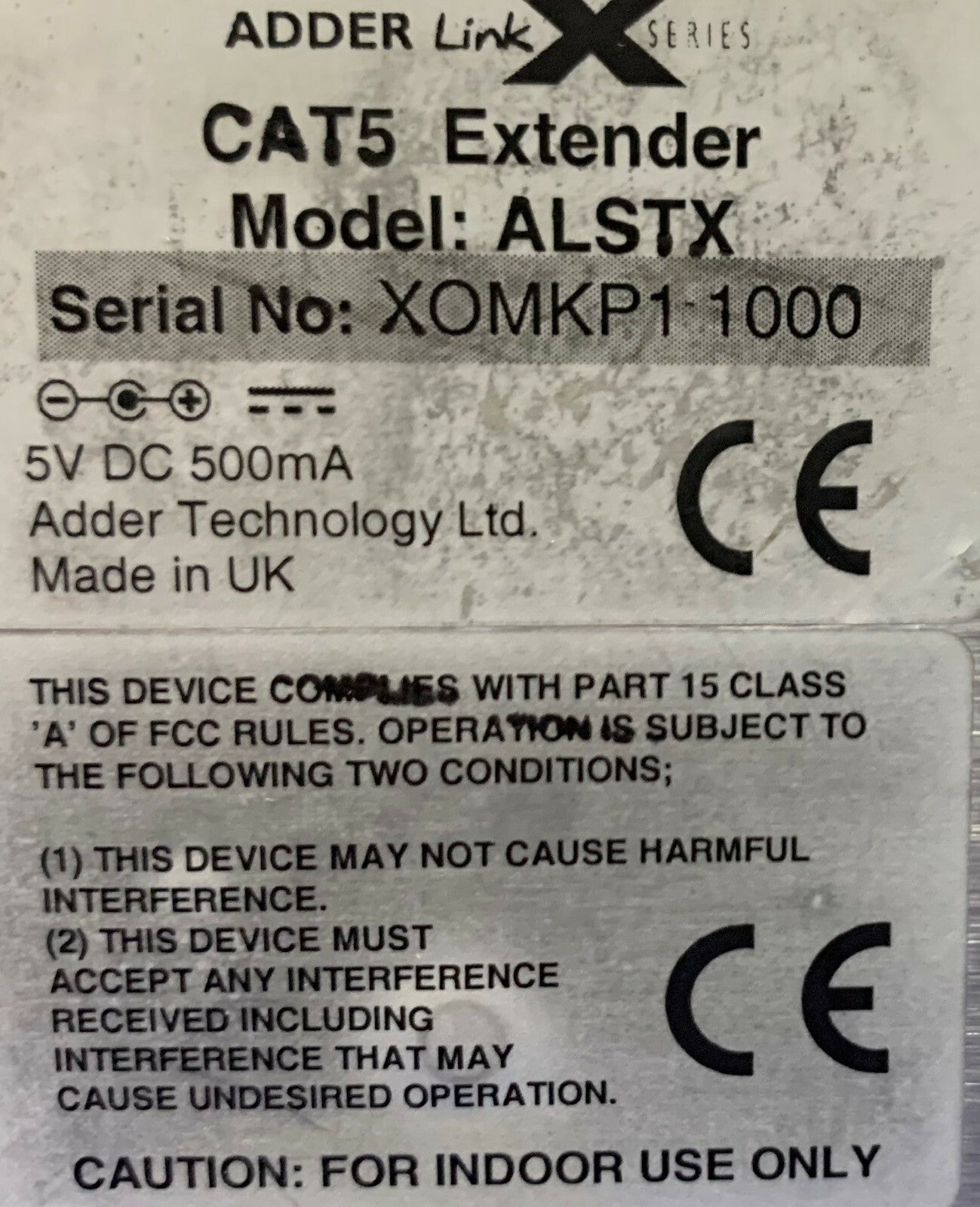 Lote de 2 EXTENSORES AdderLink XLSliver CAT 5 ALSTX 5 V CC