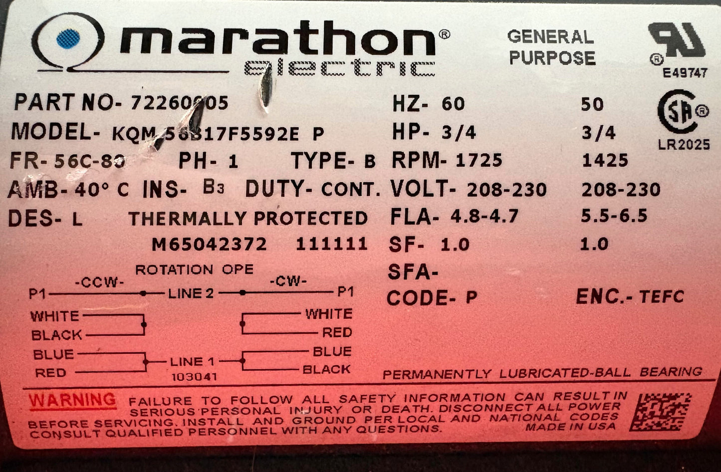 MARATHON ® ELECTRIC GENERAL PURPOSE MOTOR 72260005 KQM56B16F5592E - PARTS/REPAIR