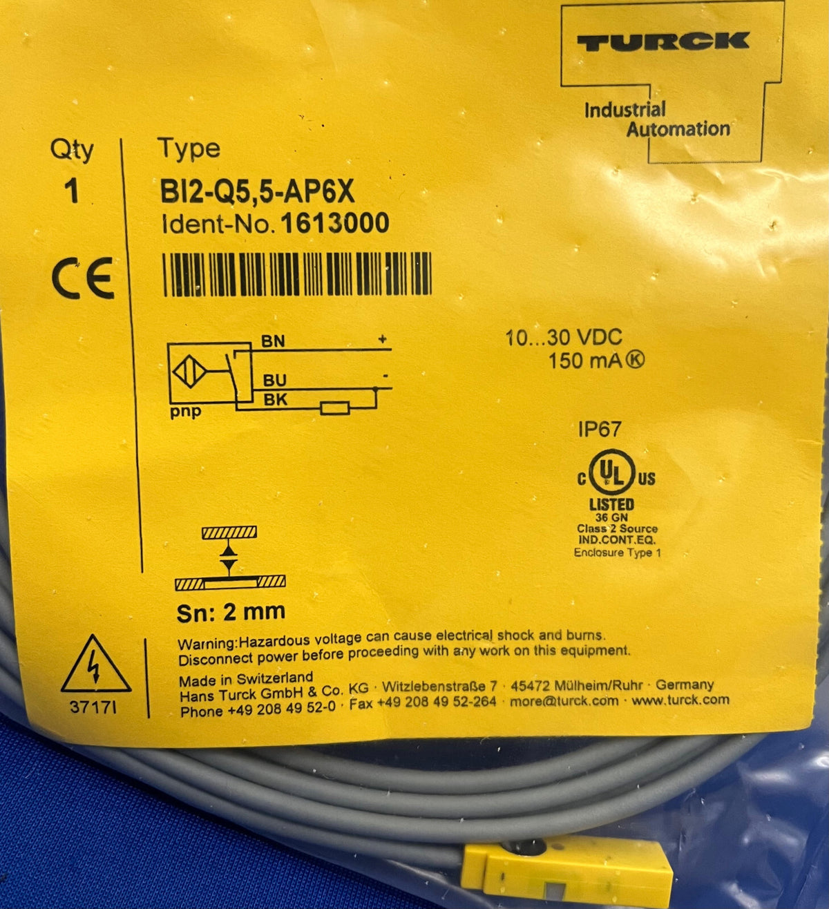 TURCK BI2-2Q5,5-AP6X 2mm BEREICH NÄHERUNGSSENSOR SCHALTER IDENT-NR 1613000 10-30VDC