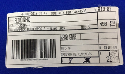 DIGI-KEY® ASSMANN AE10310-ND AT-23067-R ADAPTER DSUB 9POS F RJ45 JACK /1PKG QTY8