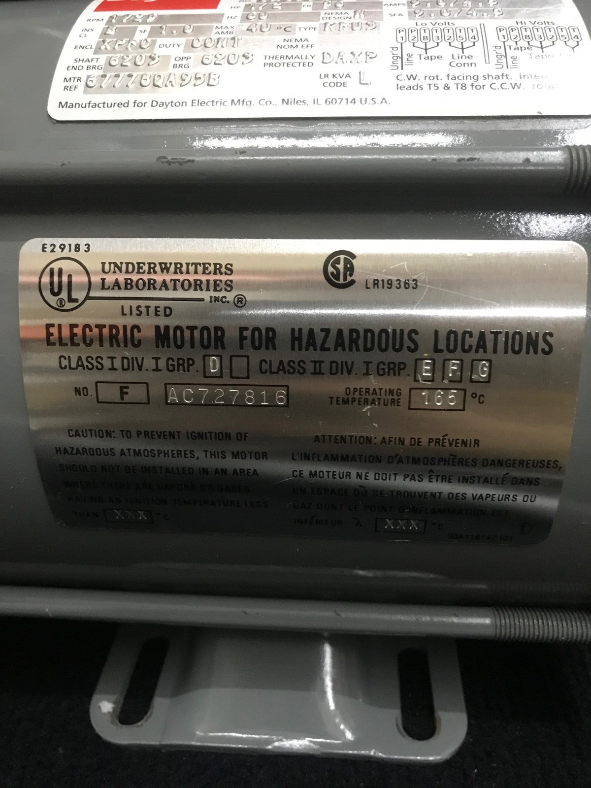 DAYTON 6K039Q HAZARDOUS LOCATION MOTOR ITEM IS USED TESTED WORKS GOOD 1/2 HP