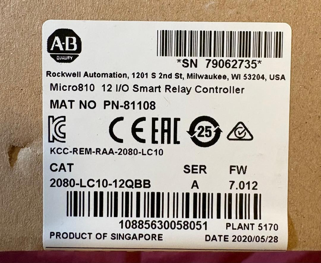 Allen Bradley AB 2080-LC10-12QBB SER A PN-81108 SMART RELAY CONTROLLER