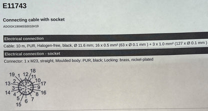 IFM E11743 CONNECTION CABLE 1Xm23 STRAIGHT SOCKET ADOGK190MSS0010H19