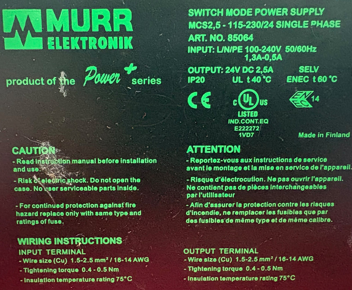 MURR SWITCH MODE POWER SUPPLY 85064 MCS2.5-115-230/24 INPUT 100-240