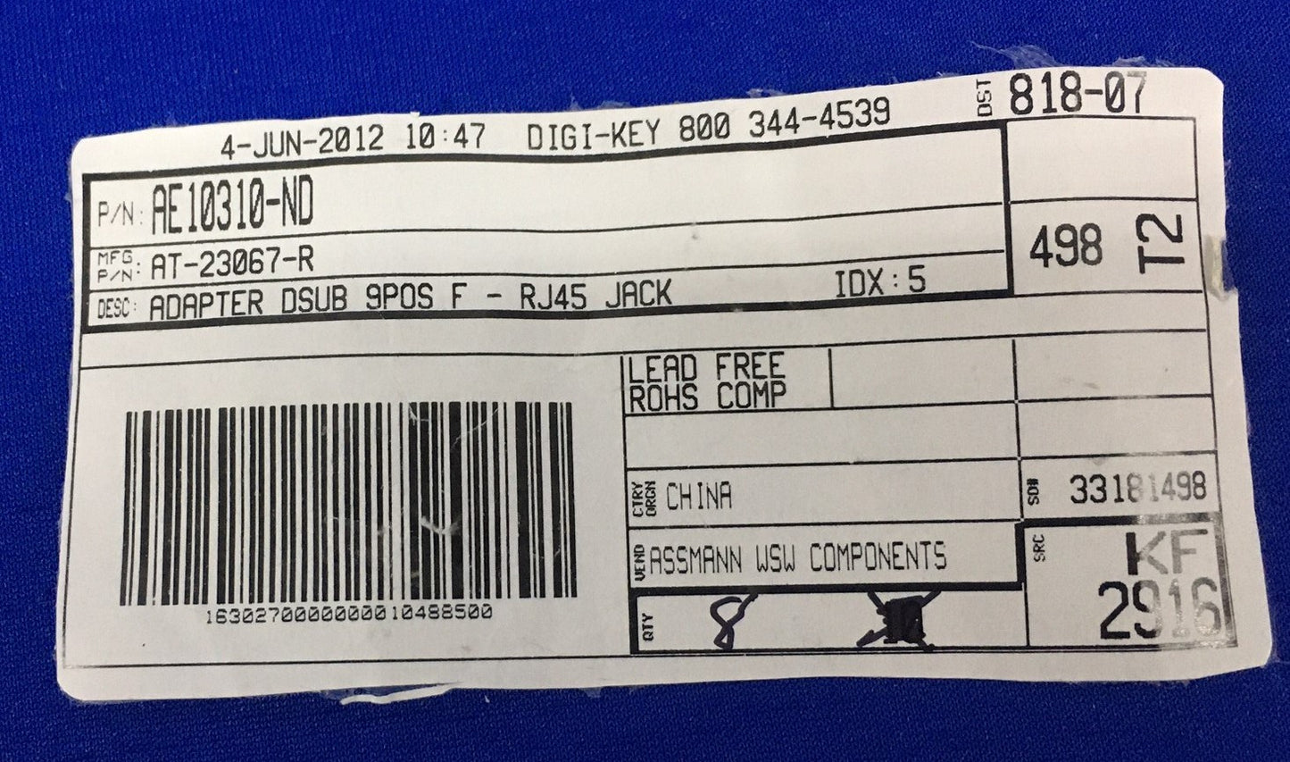 DIGI-KEY® ASSMANN AE10310-ND AT-23067-R ADAPTER DSUB 9POS F RJ45 JACK /1PKG QTY8