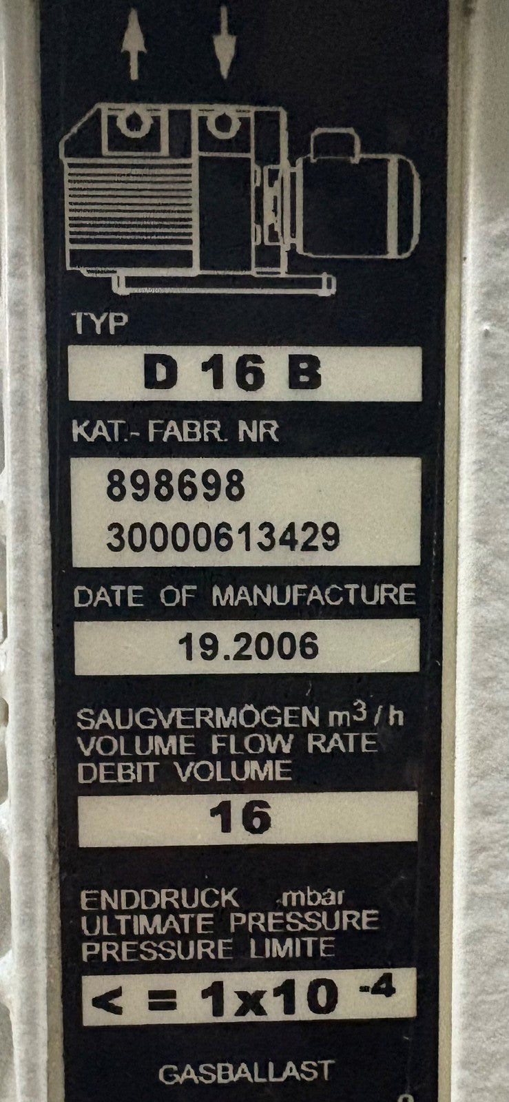 LEYBOLD TRIVAC D16B ROTARY VANE VACUUM PUMP 898698 & BALDOR MOTOR - PARTS/REPAIR