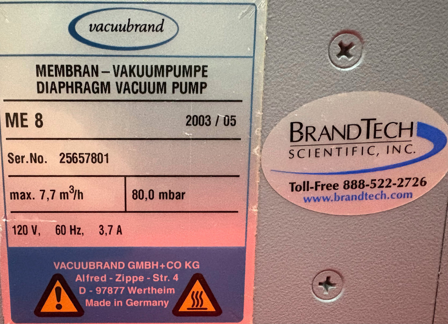 ABM GREIFFENBERGER VACUUBRAND ME 8 DIAPHRAGM VACUUM PUMP 4EKGF63DX-4