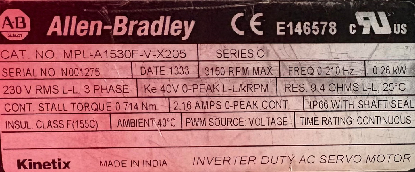 Allen Bradley AB INVERTED DUTY AC SERVO MOTOR  MPL-A1530F-V-X205 SER C FOR PARTS