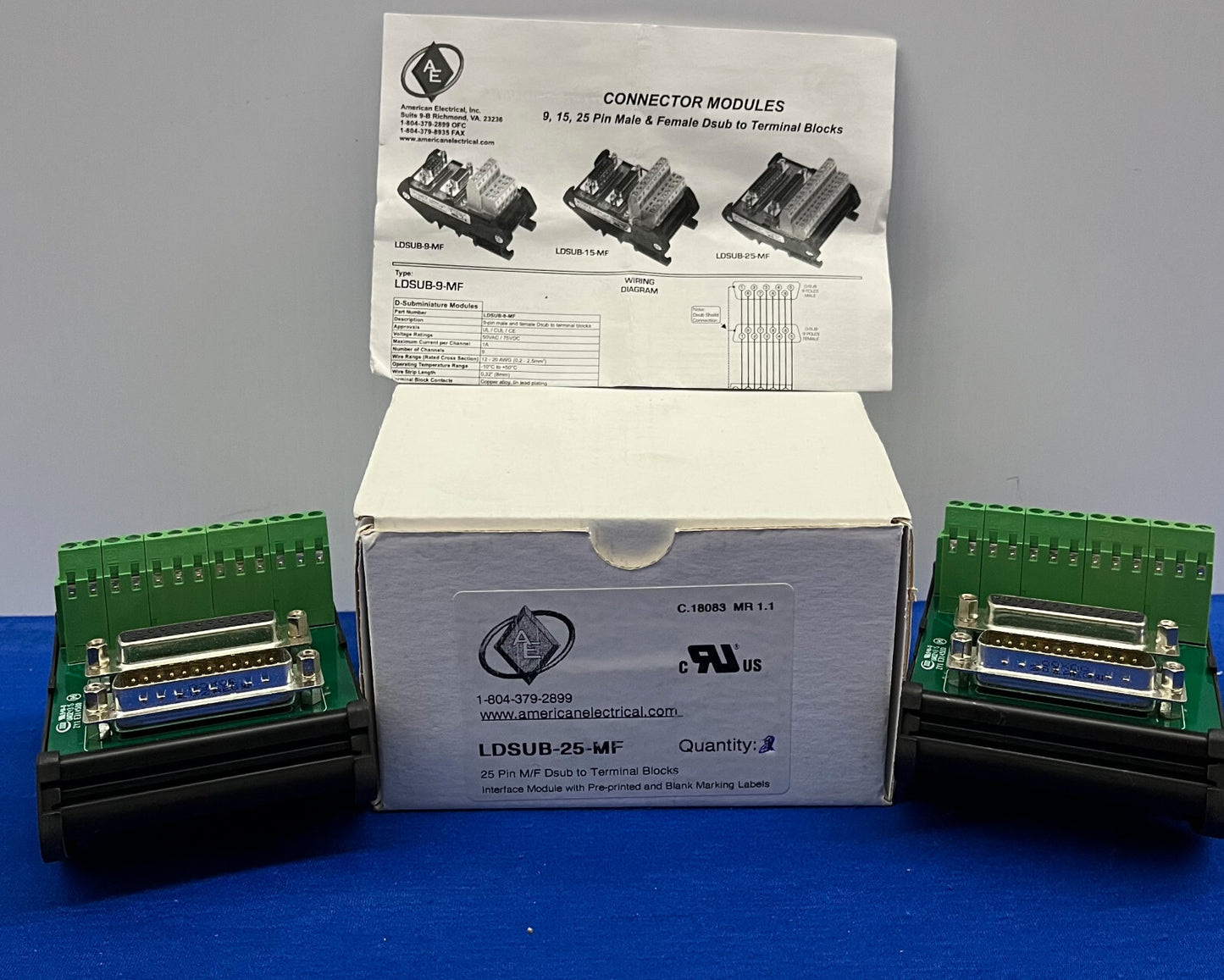 Connecteur D-sub 25 broches vers bornier American Electric LDSUB-25-MF - 1 lot de 2