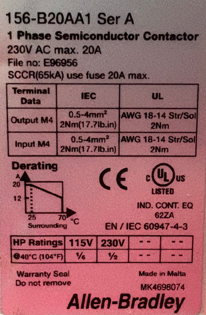 Allen Bradley AB 156-B20AA1 SER A 1 PHASE SEMICONDUCTOR CONTACTOR